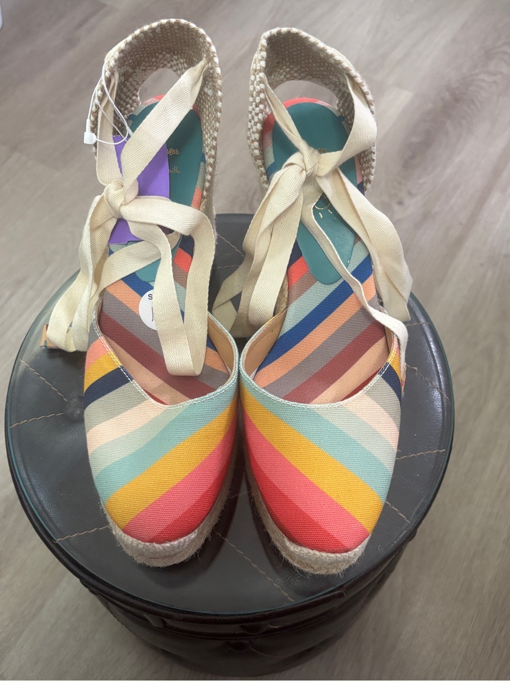 Striped Multicolor Espadrille Wedges with Cream Ankle Ties